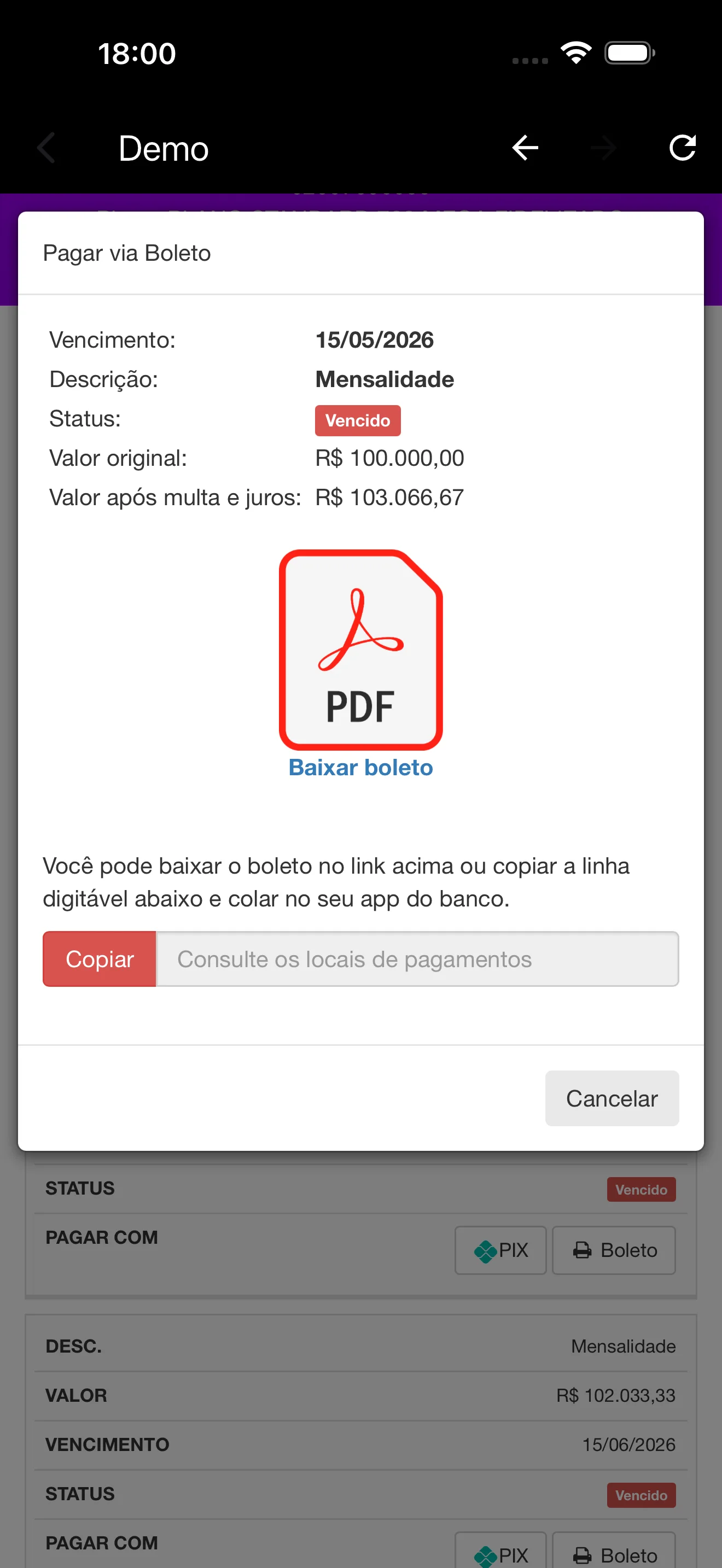 Central do assinante — modal do boleto segunda via