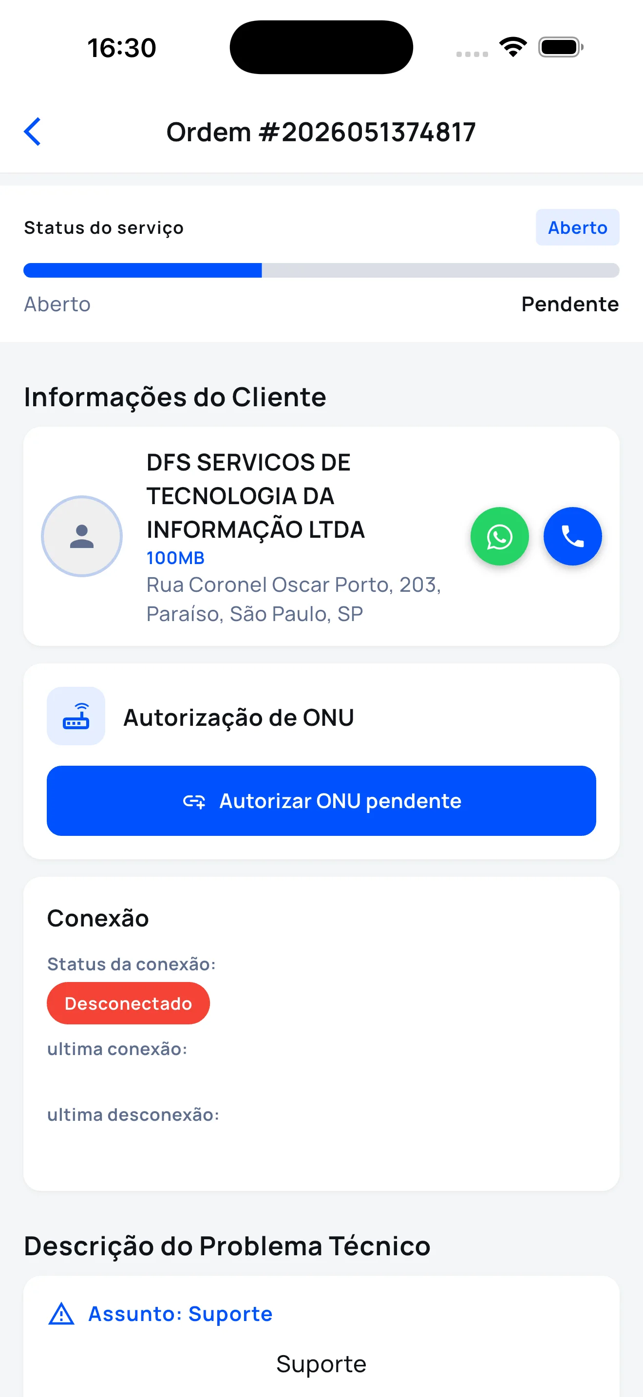 App do técnico — autorizar ONU na OLT